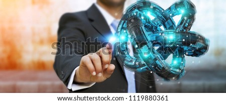 Businessman on blurred background using futuristic torus textured object 3D rendering