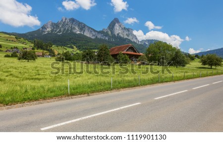 A summertime view in the Swiss canton of Schwyz, the Kleiner Mythen and the Grosser Mythen summits in the background. The picture was taken at the end of June in the region of the town of Schwyz.