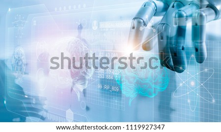 Robot checking brain testing result with computer interface, futuristic human brain analysis, innovative technology in science and medicine concept