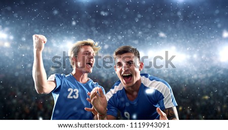 Soccer players are celebrating a victory on the professional stadium while it’s snowing. Stadium and crowd are made in 3D.