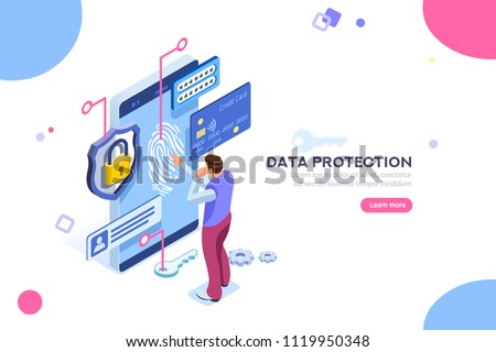 Data protection concept. Credit card check and software access data as confidential. Can use for web banner, infographics, hero images. Flat isometric illustration isolated on white background. Royalty-Free Stock Photo #1119950348