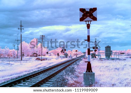 train traffic signal beside the railroad track with pink tree by surround in near infared style by IR mode