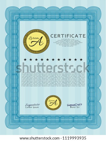 Light blue Awesome Certificate template. With complex linear background. Customizable, Easy to edit and change colors. Retro design. 
