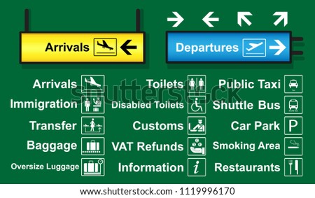 set of airport signs with logo and direction which is often used around airport terminal. Royalty-Free Stock Photo #1119996170