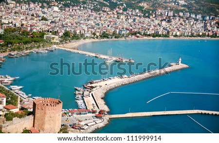 Alanya city hill, city coast, view from castle. Turkey Royalty-Free Stock Photo #111999914