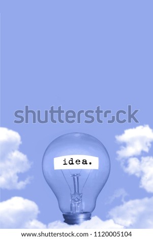 Concept of idea. Lamp in clouds. Abstract, surreal, fantasy picture. Inspiration and motivation collage. Blue colors. Creativity and leadership. 