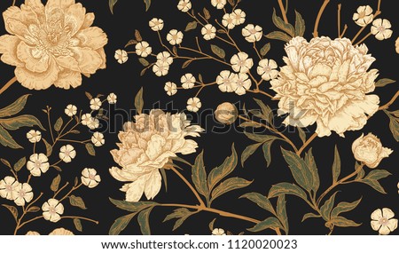 Floral vintage seamless pattern with flowers peonies. Oriental style. Vector illustration art. Template design for textiles, wrapping paper, wallpaper, clothes, interior, curtains, packaging.  Royalty-Free Stock Photo #1120020023
