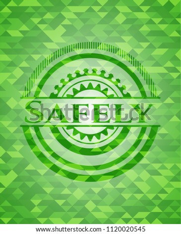 Safely realistic green emblem. Mosaic background
