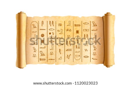 Old textured wide papyrus scroll with ancient egypt hieroglyphics isolated on white Royalty-Free Stock Photo #1120023023