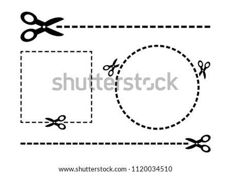 Scissors set. Coupon border. Black scissors and cut lines. Cut out coupon rectangle. Vector illustration