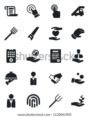 Set of vector isolated black icon - ladder car vector, farm fork, glove, saw, heart hand, client, touch screen, fingerprint id, contract, waiter, remote control, handshake, investment, palm sproute