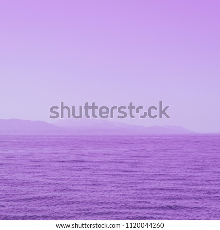 alien mountain landscape and sea. bright neon purple colors. minimal and surreal. summer vacation.