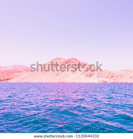 alien mountain landscape and sea. bright neon pink and blue colors. minimal and surreal. summer vacation.