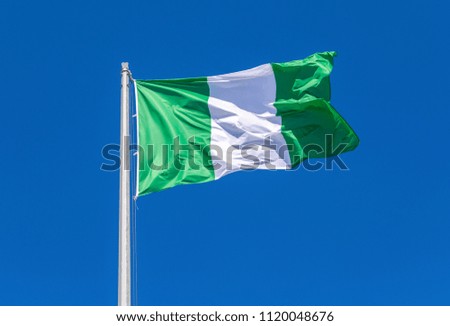 Flag of Nigeria waving in the wind against the blue sky