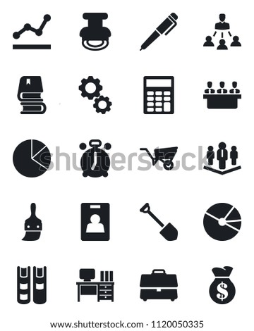 Set of vector isolated black icon - alarm clock vector, desk, job, wheelbarrow, themes, case, pie graph, identity card, calculator, point, meeting, hierarchy, stamp, book, pen, company, gear