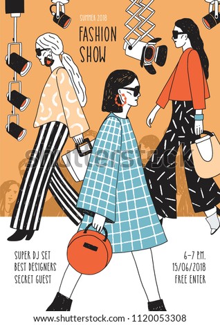 Modern flyer or poster template for fashion show with top models wearing trendy haute couture clothing and demonstrating it on runway. Colorful hand drawn vector illustration for event announcement