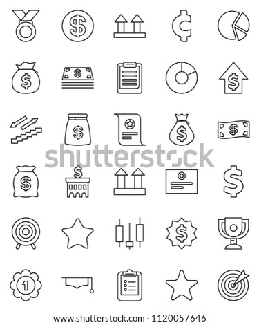 thin line vector icon set - graduate hat vector, clipboard, award cup, certificate, pie graph, japanese candle, money bag, dollar growth, bank building, medal, cent sign, target, stairways run, top