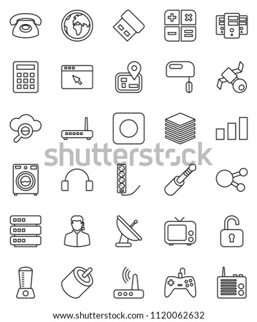 thin line vector icon set - washer vector, navigator, earth, satellite, sorting, tv, headphones, social media, rec button, rca, jack, cloud glass, big data, server, browser, router, phone, support