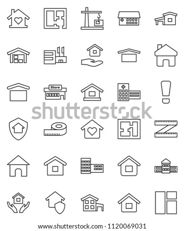 thin line vector icon set - house hold vector, school building, measuring, dry cargo, hospital, home, attention sign, cottage, barn, plan, love, construction crane, protect, mall, window
