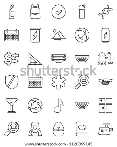 thin line vector icon set - vacuum cleaner vector, cleaning agent, plates, shining window, woman, colander, cook timer, cookbook, corner ruler, backpack, music, exchange, enegry drink, calendar, dna