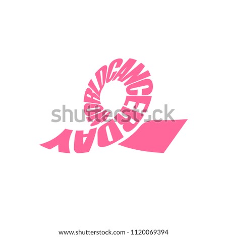 Pink ribbon, lettering, world cancer day symbol. Breast cancer, hope logo. Awareness, design element, pink icon on white background.