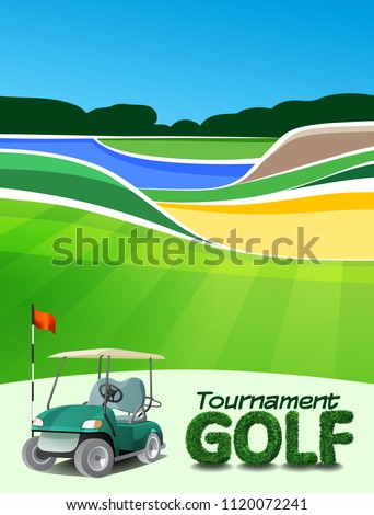 Golf tournament ticket or flyer brochure template. Golf course background mockup vector illustration