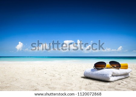 Summer photo of shells on sand and sea landscape 