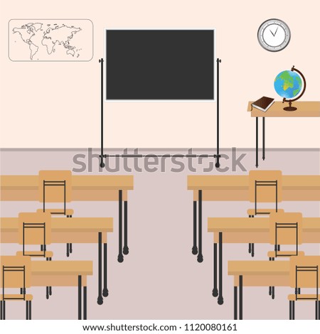 Training class - tables, chairs, blackboard, globe - light background -   bitmap image