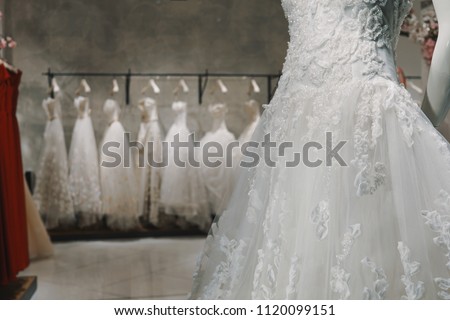 Wedding dresses in a luxury shop in Milan Royalty-Free Stock Photo #1120099151
