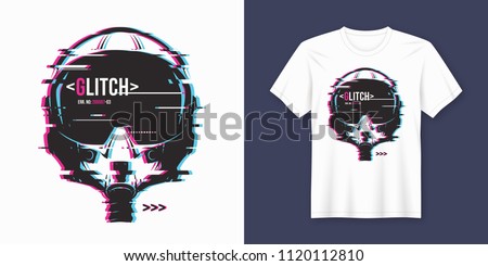 Stylish t-shirt and apparel trendy design with glitchy flight helmet, typography, print, vector illustration. Global swatches.