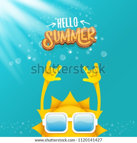 hello summer funky rock n roll vector label isolated on azure sky with lights. summer party background with funky sun character design template. vector summer party poster