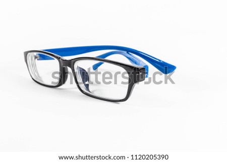 Blue black frame spectacles glasses in a white isolated background