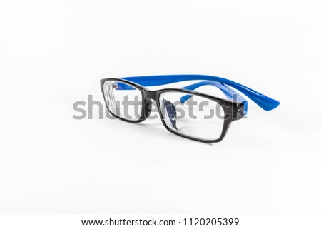 Blue black frame spectacles glasses in a white isolated background