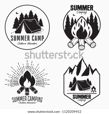 Vintage summer camp logo set. Camping badges and outdoor adventure emblems. Original typography with camping tent, bonfire and forest silhouette. Vector illustration.