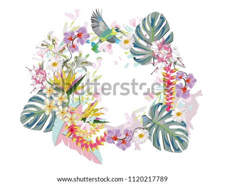 Series of greeting backgrounds with summer and spring flowers. Colorful  floral decorations with peonies, palm leaves and flamingos. Vector illustration.