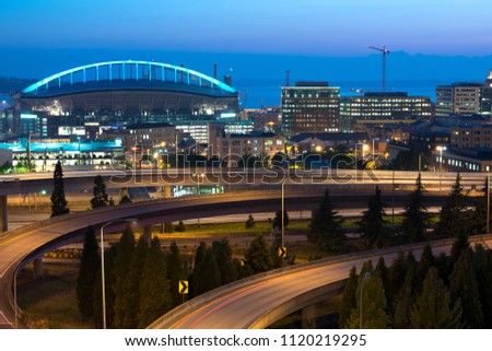 Skyline of Seattle at night, Washington State, USA