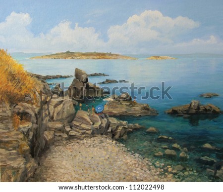 An oil painting on canvas of a bright summer seascape with tourists sunbathing on the rocks near Sozopol in Bulgaria and small island in the distance.