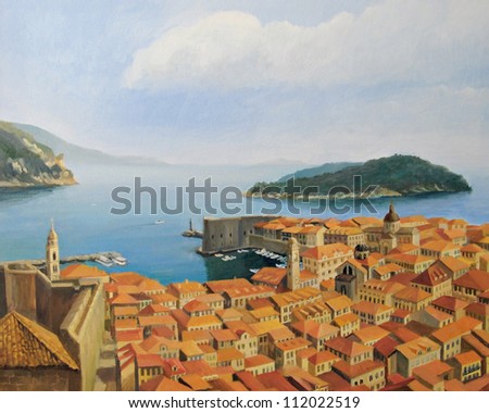 An oil painting on canvas of a beautiful panoramic view from the highest point of the city wall, toward the old town of Dubrovnik with the harbor and island Lokrum at the back.