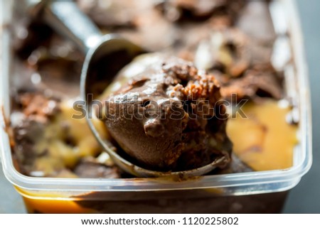Homemade Chocolate Ice-Cream with Brownies and Caramel Sauce