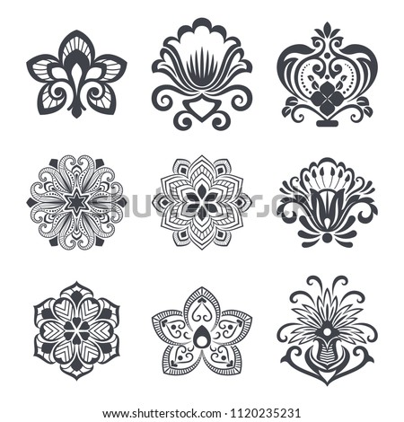 Vintage decorative flower design elements set on white background. Vector illustration.