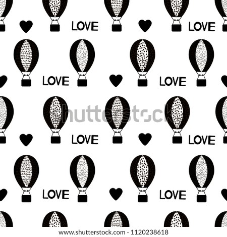 Seamless pattern with black Air Balloons icons, hearts and words Love on the white background. Vector illustration