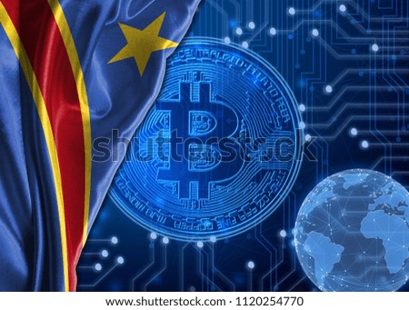 Flag of Congo Democratic against the background of crypto currency bitcoin.