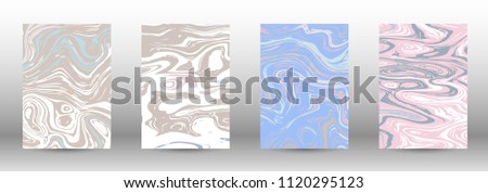  A set of modern covers. Abstract marble pattern. Light blue, beige, pink, white pattern with lava figures. An illustration consisting of blurred lines, circles. Template for your business design.