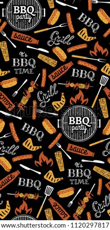 BBQ party seamless pattern with grill, barbecue utensils, hot dog and corn
