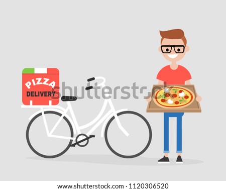 Pizza delivery service. Young courier holding the box with Margarita. Bike. Flat editable vector illustration, clip art