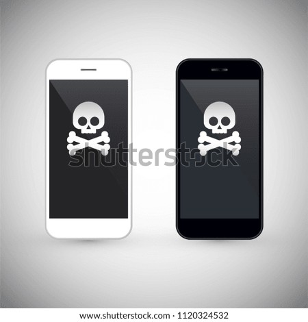 Malware notification on smartphone vector, flat style mobile phone with skull bones, concept of spam data, fraud internet error message, insecure connection, online scam, virus