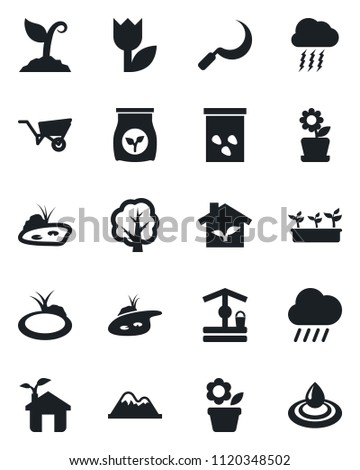 Set of vector isolated black icon - storm cloud vector, flower in pot, tree, wheelbarrow, sproute, seedling, rain, well, sickle, seeds, pond, fertilizer, tulip, mountains, eco house, water
