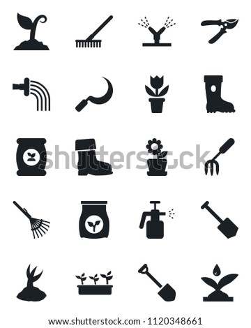 Set of vector isolated black icon - job vector, flower in pot, garden fork, rake, watering, sproute, pruner, boot, seedling, sickle, sprayer, fertilizer, irrigation
