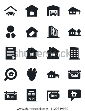 Set of vector isolated black icon - office building vector, house, real heart, contract, with garage, tree, rent, sold signboard, estate search, agent, smart home, city, message