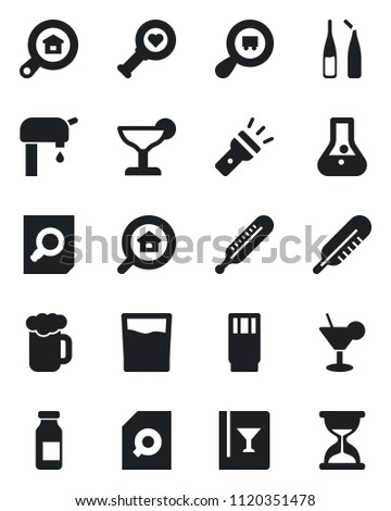 Set of vector isolated black icon - document search vector, thermometer, heart diagnostic, ampoule, cargo, torch, water supply, estate, wine card, drink, cocktail, beer, flask, sand clock